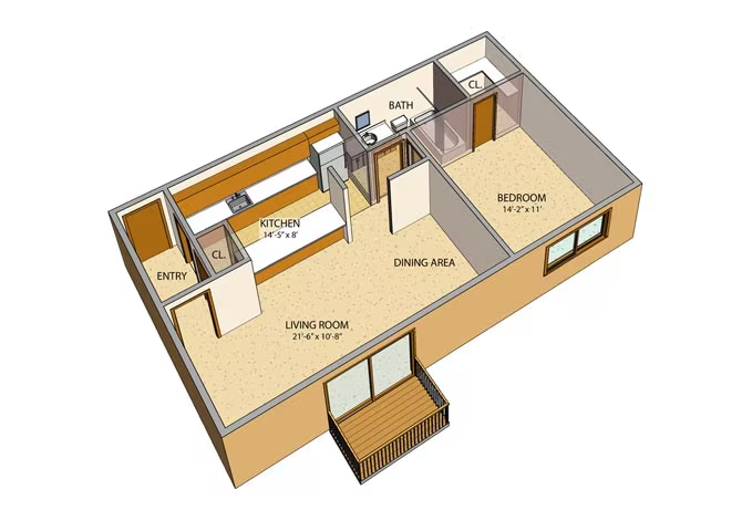 Floor plan for 1 bed, 1 bath, 757 sqft